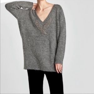 Zara - Grey Vneck Long Sweater With Rhinestone Bird